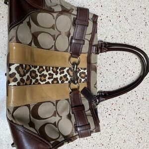 COACH Hampton Collection SIGNATURE SATCHEL BROWN LEOPARD TRIM.